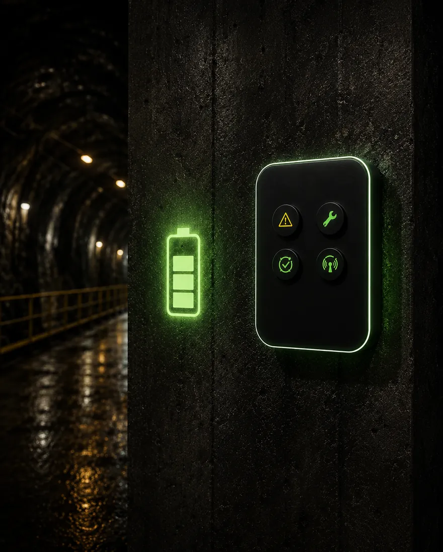 Bouton SunyGreen sur une paroi de béton, à côté d'un symbole de batterie lumineux