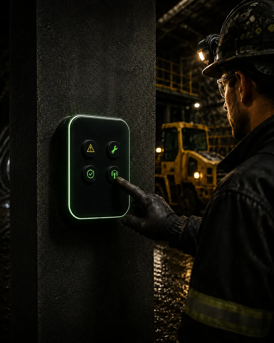 Opérateur casqué pressant la touche d'émission du bouton SunyGreen dans une halle industrielle